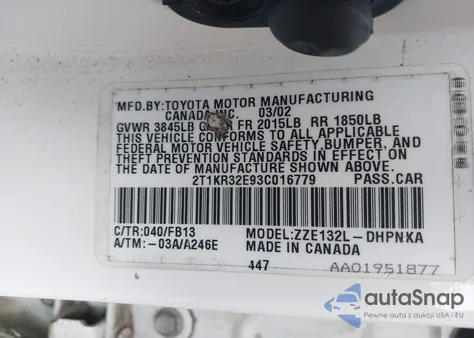 2003 Toyota Matrix Xr из США, поврежденный, VIN 2T1KR32E93C016779